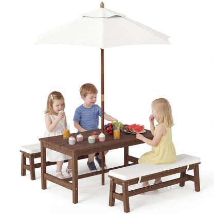 Olakids Kids Picnic Table, Outdoor Wooden Bench Set with Removable Cushions Adjustable Foldable Umbrella, Toddler Backyard Furniture for Patio Garden
