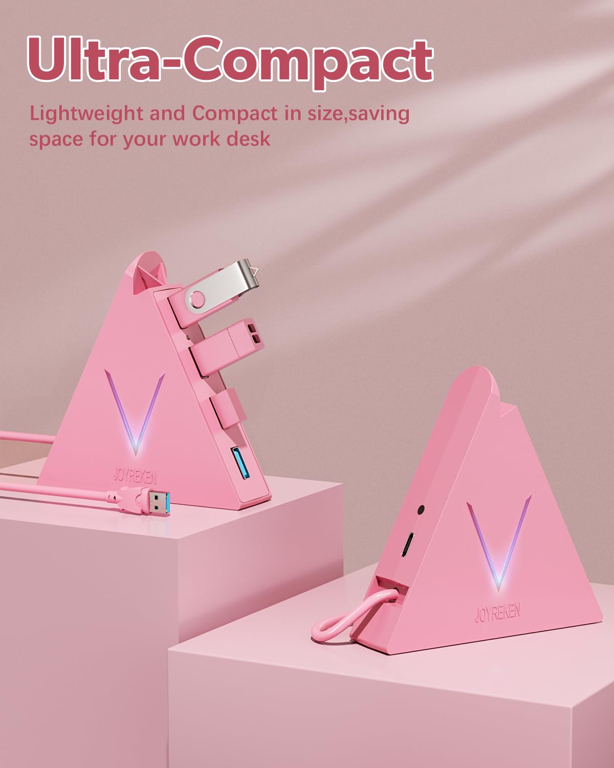 4-Port USB 3.0 Hub, FlyingVHUB Vertical Data USB Hub with 2 ft Extended Cable, for Mac, PC, Xbox One, PS4, PS5, iMac, Surface Pro, XPS, Laptop, Desktop, Flash Drive, Mobile HDD(Pink)