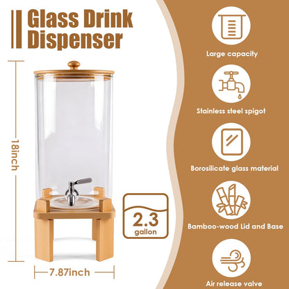 2.3 Gallon Large Glass Drink Dispenser for Parties, Glass Beverage Dispenser with Wood Stand, Juice & Lemonade Dispenser, Iced Beverage Dispenser with Spigot, Water Dispenser for Party with lid