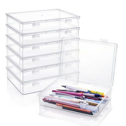 Oqqlin 6 Pcs Plastic Storage Boxes with Lids, 10.6x7.7x2 Inch Clear Rectangular Plastic Box Multipurpose Craft Organizers Small Storage Containers for Pencils, Beads, Craft Accessories, Small Items