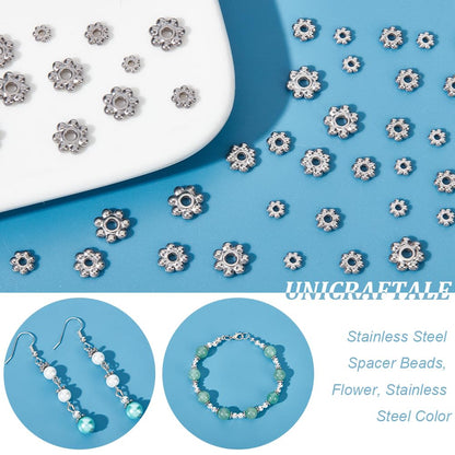 UNICRAFTALE 80 pcs 4 Sizes 3-6mm 304 Stainless Steel Flower Spacer Beads Mini Snowflake Daisy Beads Metal Small Loose Beads for DIY Bracelet Necklace Earring Jewelry Making