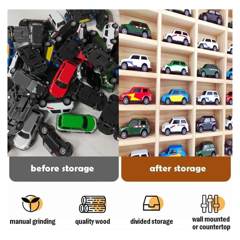 Wasaiggon Wood Toy Car Display Rack, Holds 42 Diecast Cars Model Car Display Case 1/64 Scale Toy Cars Organizer Freestanding or Wall-Mounted Toy Car Storage Cabinet