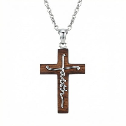 VNRIOW 925 Sterling Silver Faith Wooden Cross Necklace, Christian Religious Jewelry Gift for Women Men, 18 to 20 Inches Chain