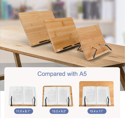 wishacc Bamboo Book Stand for Reading, 13.2" x 9.2" Premium Wooden Cookbook Holder and Recipe Stand for Kitchen Counter, Foldable Adjustable Desk Easel with 5 Angles for Textbooks, Sheet Music, Tablet