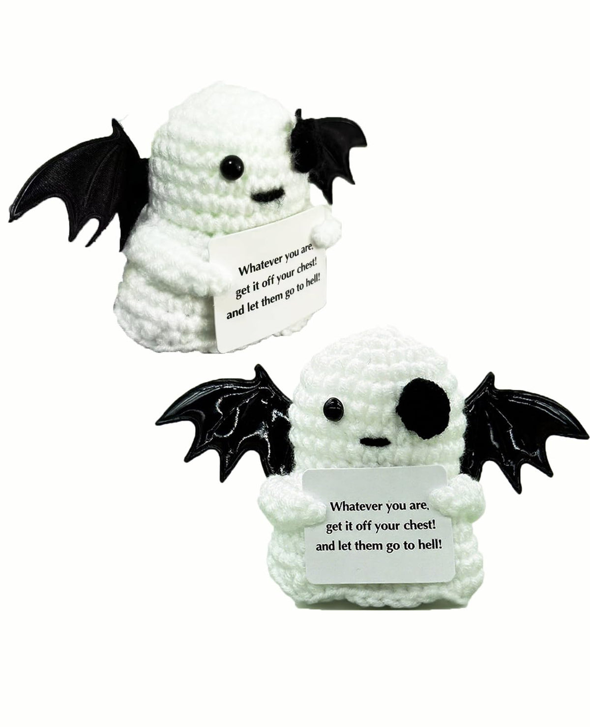 2 Packs Cute Crochet Gifts Decor for Men Women Kids, Positive Crochet Animals Emotional Support Handmade Mini Ghost Dolls with Positive Cards Basket Stuffers for Desk Home Decor