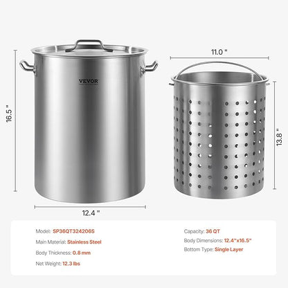 VEVOR Stainless Steel Stockpot, 36 Quart Cooking Pots, Cookware Sauce Pot with Basket, Lid, and Handle, Heavy Duty Commercial Grade Stock Pot, Sanding Treatment, for Steaming Boiling or Frying Silver