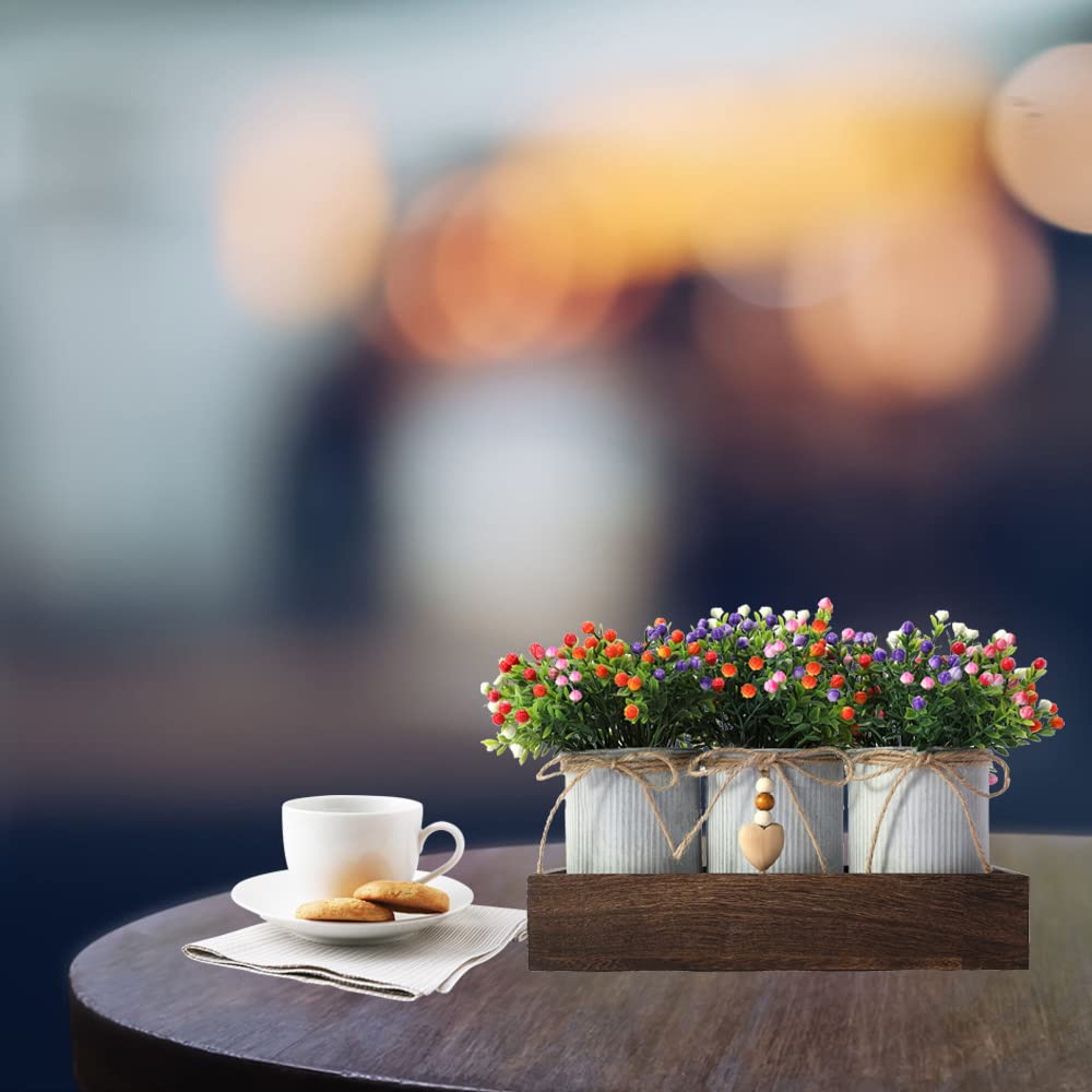 CALAVAK Decorative Centerpiece Wooden Tray with 3 Metal Potted Artificial Milan Flowers Rustic Country Farmhouse Décor for Dining Room, Living Room and Kitchen Table