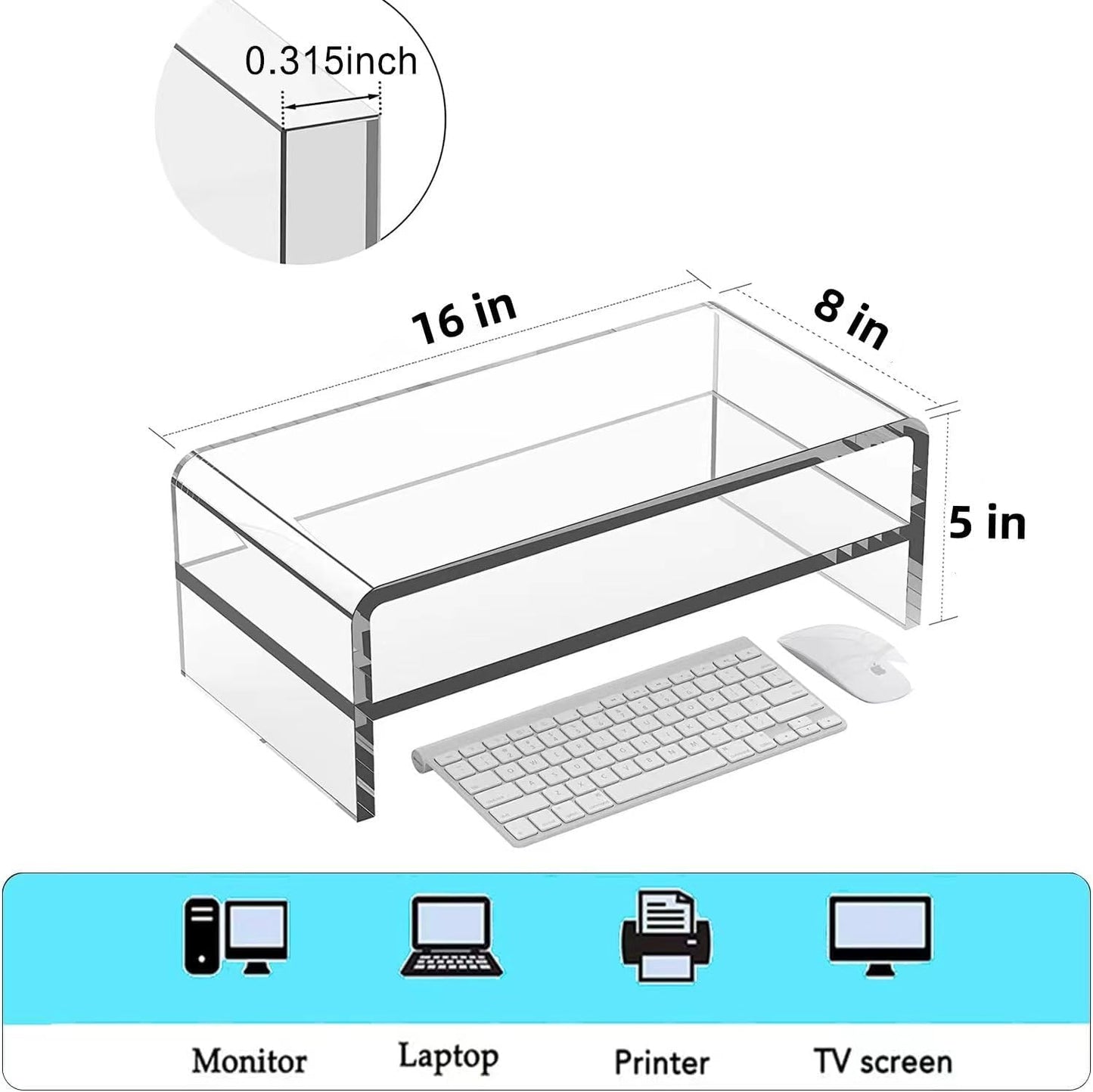 Generic Acrylic Monitor Stand, 2 Tier Computer Monitor Riser，16 inch Acrylic Computer Monitor Stand Riser for iMac, PC, Desktop, Laptop, TV Screen, clear