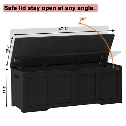 Timberer 47.2" Storage Chest, Extra Large Storage Trunk with 2 Safety Hinges, Wooden Storage Bench, Shoe Bench, Entryway Bench for Living Room, Bedroom, Black