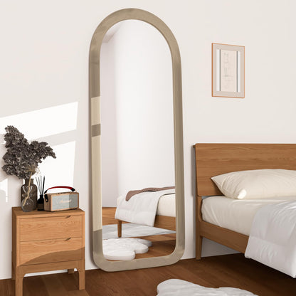 NEUWEABY Full Length Mirror 56"x20" Arch Floor Mirror with Stand Arched Full Body Mirror Standing Hanging or Leaning Against Wall for Bedroom Flannel Wrapped Wooden Frame Milk Tea