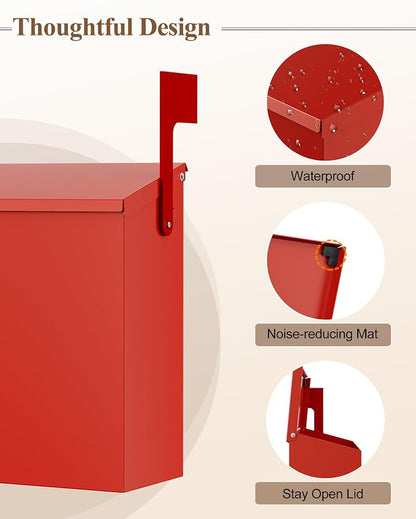 Wall-Mount Mailbox for Outside, Large Capacity Rust-Proof Mail Box with Stay-Open Lid & Red Flag Kit, Galvanized Steel Weather-Resistant Post Box for House Outside, 10.5"x4.3"x14.2", Red