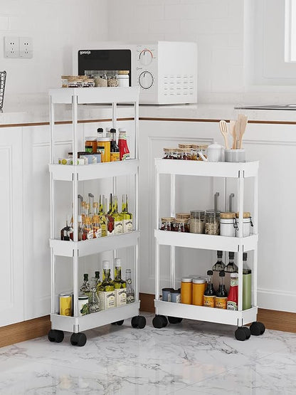 Sooyee 4 Tier Slim Storage Cart Mobile Shelving Unit Organizer Slide Out Storage Rolling Utility Cart Tower Rack for Kitchen Bathroom Laundry Narrow Places, Plastic & Stainless Steel, White