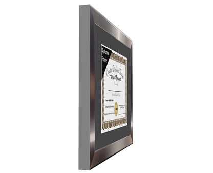 Creative Picture Frames 11” x 14” Stainless Steel Finish Diploma Frame with Black Mat to Hold 8.5 by 11-inch Graduation Documents w/Stand and Wall Hanger