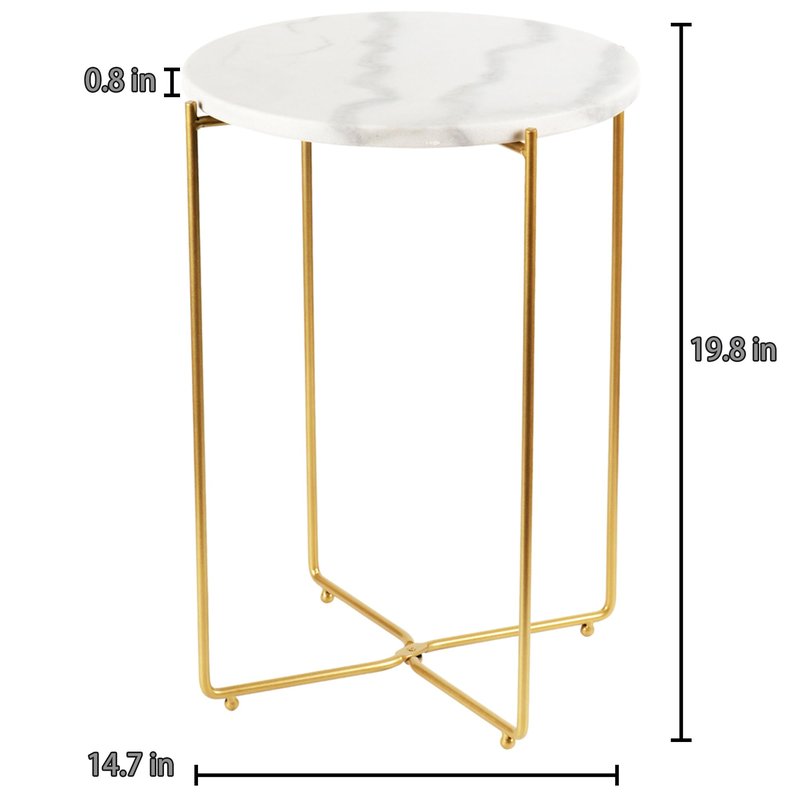 ALPOME Real Marble Side Table, No Assembly Required Round End Table for Living Room, 15" Modern Small Accent Bedside Table with Gold Metal Legs, Waterproof Nightstand for Sofa, Bedroom, White