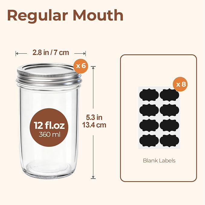 ComSaf 12 oz Mason Jars with Lids 6 Pcs, Regular Mouth Canning Jars with Seal Bands, 12 oz Glass Jar with lid for Soft Drinks, Juice, Jam, Jelly, Sauce, Dessert, Overnight Oats, Pickles