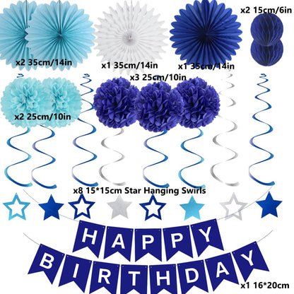 Blue Birthday Decorations for Men Boys Navy Blue Happy Birthday Banner Paper Fans Paper Pom Poms Star Hanging Swirls for Men Women Boys Girls Blue Birthday Party Decor