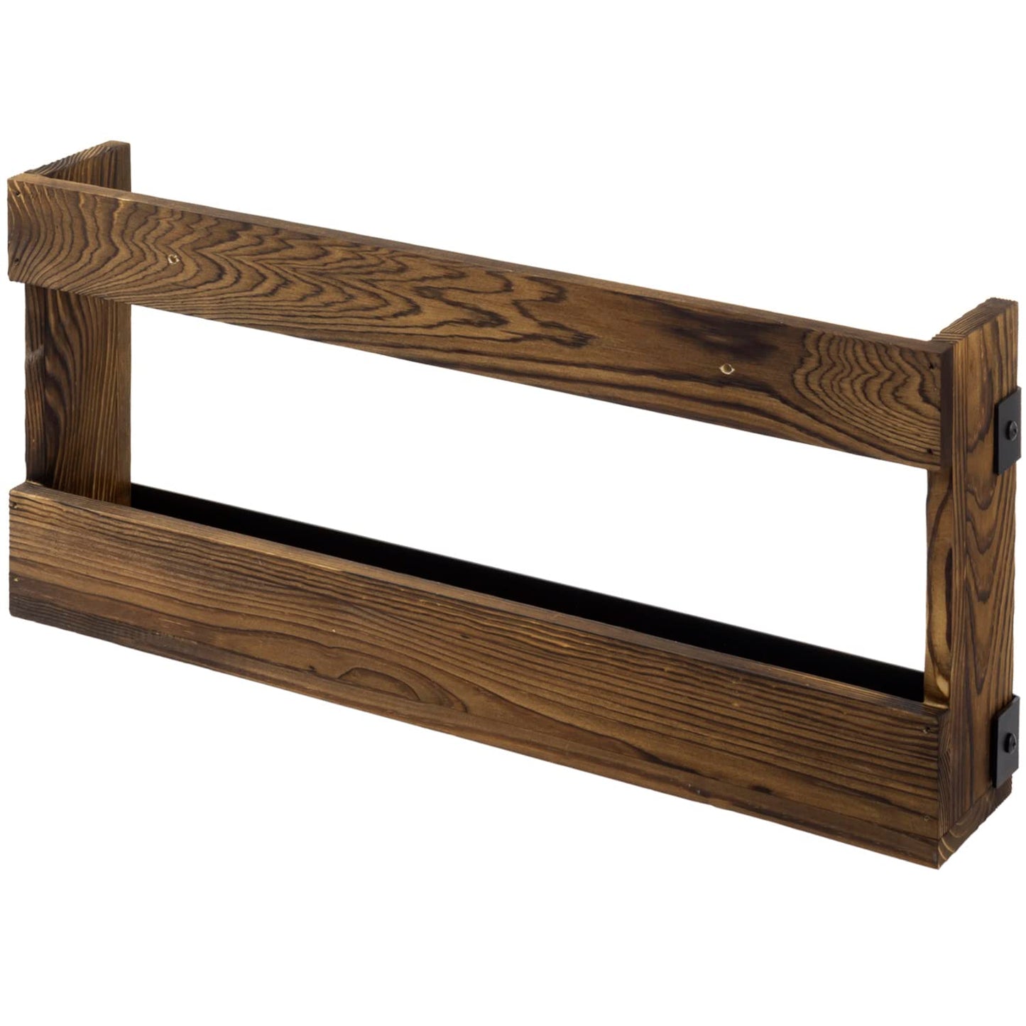 MyGift Rustic Burnt Solid Wood and Industrial Matte Black Metal Magazine Display Rack, Wall Mountable Double Wide Book Holder or Standing Organizer