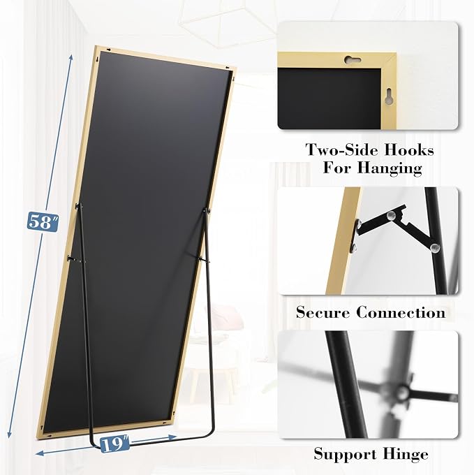 NEWBULIG Mirror Full Length, 58"x19" Body Wall Mirrors with Shatter-Proof Glass, Upgraded Floor Standing Mirror, Hanging or Leaning, with Stand Aluminum Alloy Frame for Home Decor, Bedroom, Gold