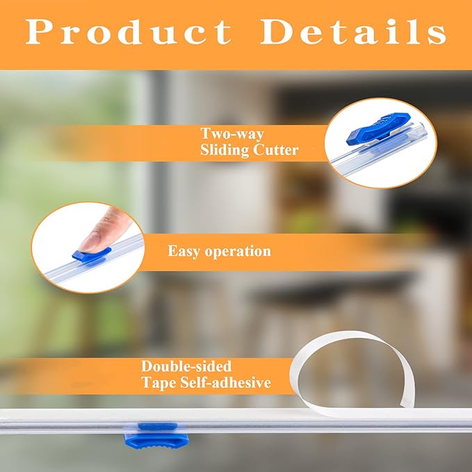 Plastic Wrap Cutter Slide Cutter - 4 Sticks 15" Self-Adhesive Cling Film Slide Cutter for Parchment Paper Plastic Wrap Aluminum Foil Wax Paper - Slide Cutter Replacement Fit Most Brands Roll