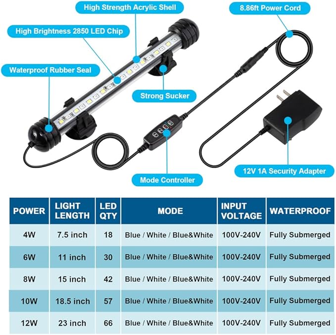 DaToo 12W 23inch Submersible Aquarium Light Underwater Fish Tank Light LED Aquarium Light Bar with Timer Auto On/Off and Dimmer Adjustable Brightness, 1 Yr Warranty
