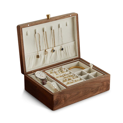 Piwah Black Walnut Solid Wooden Jewelry Box for Women, 2 Layer Classical Organizer with Removable Tray for Rings Necklaces Earrings Bracelet Watch Storage Birthday Gifts (2 Layer - White velvet)