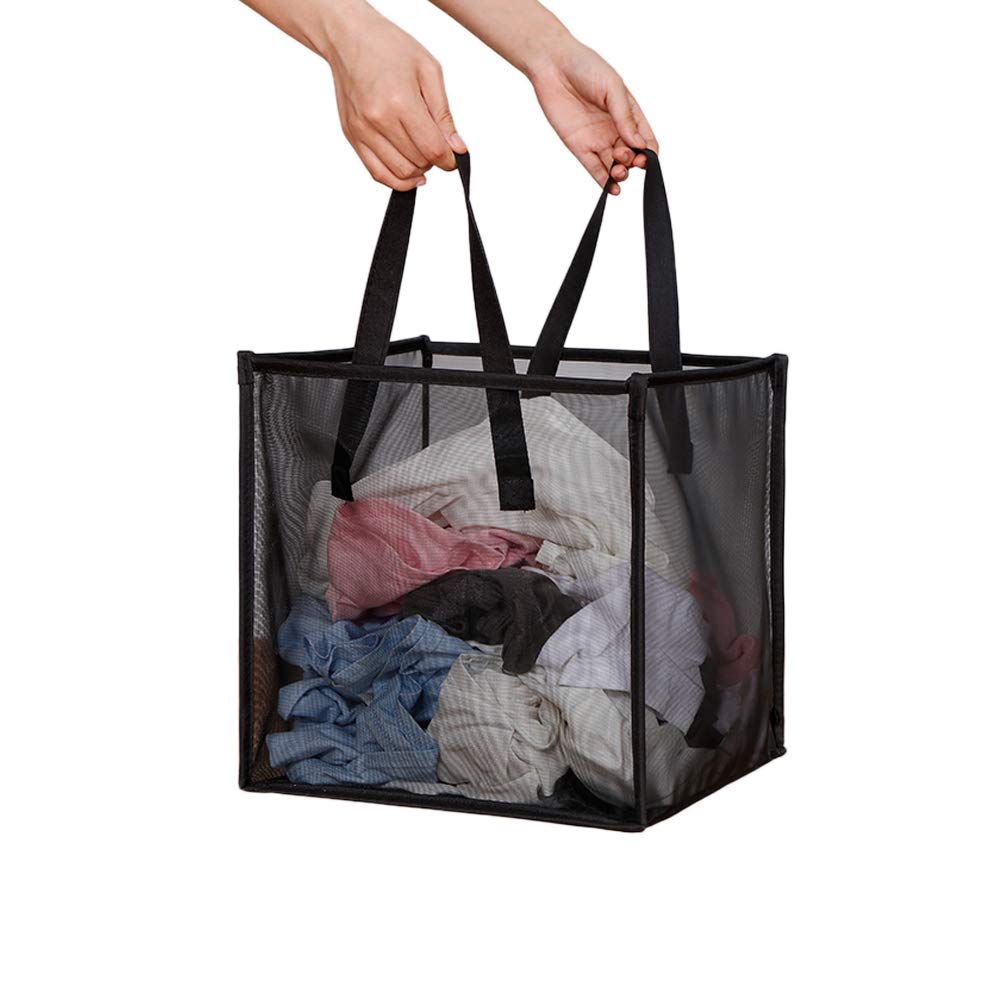 HONOMA Laundry Bags Hamper Bag with Handles,Portable &Collapsible Dirty Clothes Mesh Basket Foldable for Washing Storage, Kids Room,Dorm or Travel (Black, Single-Layer)