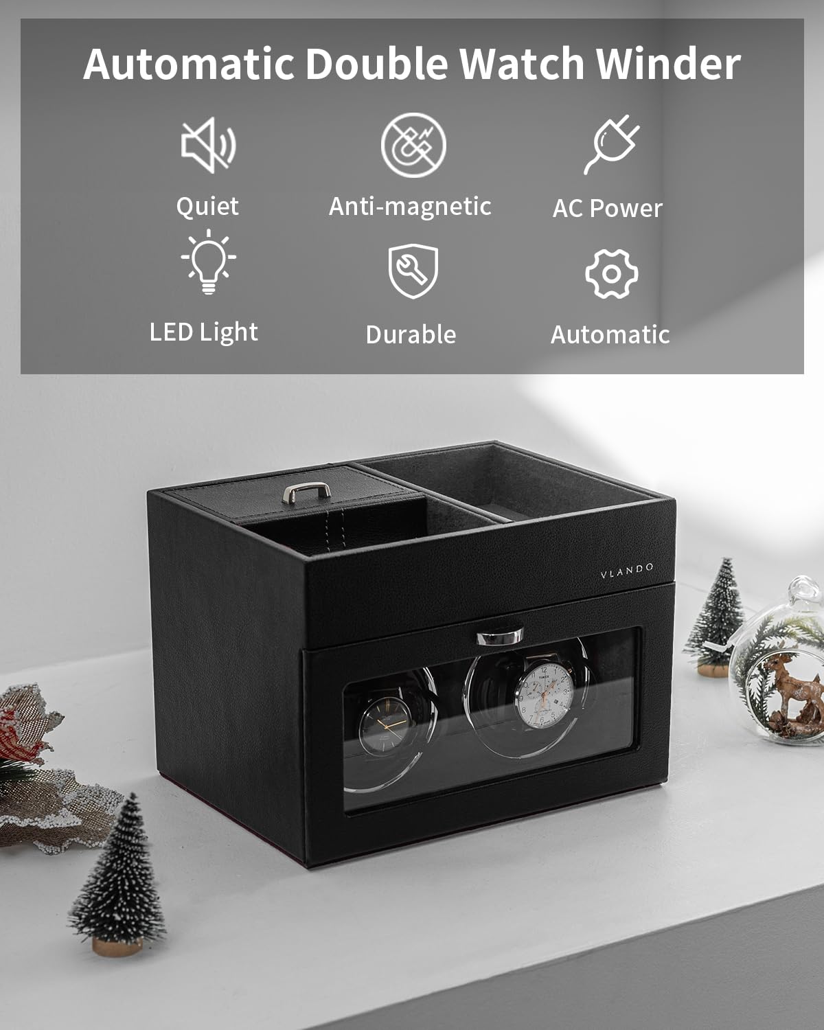 VLANDO Automatic Double Watch Winder for Men - Watch Winder Box with Jewelry Organizer Tray for Father Husband Dad, Japanese Quiet Motor, LED Light, Adjustable Watch Pillows - Black