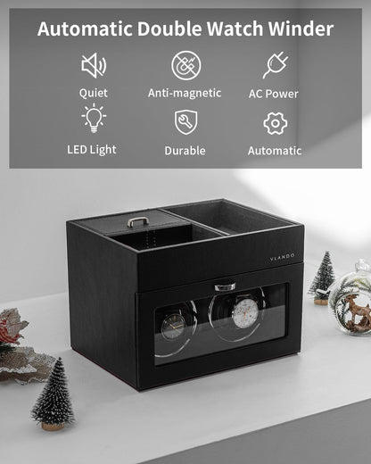 VLANDO Automatic Double Watch Winder for Men - Watch Winder Box with Jewelry Organizer Tray for Father Husband Dad, Japanese Quiet Motor, LED Light, Adjustable Watch Pillows - Black