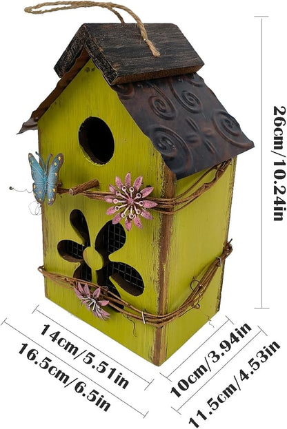 Wood Bird House for Outside, 10" H Hanging Bird House with Waterproof Metal Roof, Vintage Rustic Decorative Birdhouse Wooden Bird Nest Box for Outdoor Garden Yard Decorations (Green)