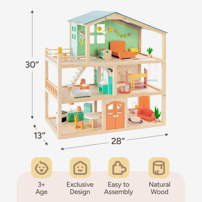 Giant bean Large Wooden Dollhouse with 32 Pcs Furniture Accessories, 3-Story Doll House 5 Rooms Balcony Wooden Stairs, Ideal Dollhouse Toy for Kids Ages 3+, 30" H x 28" L x 13" W