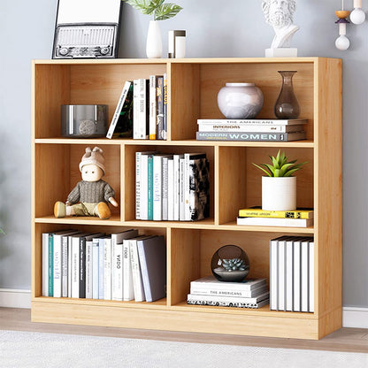 IOTXY Open Shelf Low Bookcase - Wooden 3-Tier Floor Standing Display Cabinet Organizer with Base, 7 Cubes Short Horizontal Bookshelf in Pear Yellow