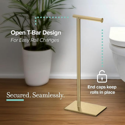 Gatco 1431B Freestanding Toilet Paper Holder Stand, Modern Bathroom Toilet Tissue Holder with Weighted Rectangle Base, Brushed Brass Finish, 22.25 Inch