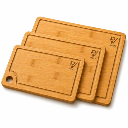 VNAM Bamboo Cutting Board Set of 3 for Kitchen, Wooden Chopping Boards with Juice Groove & Easy-Grip Handle, 9x6 12x8 15x10 Inch