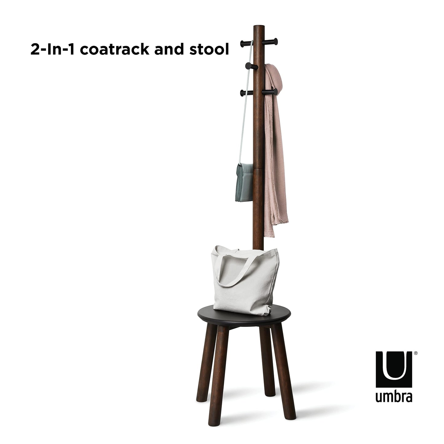 Umbra Pillar Coat Rack, Stool, Clothing Organizer, Umbrella Holder and Hat Organizer, Great for Entryway, Black/Walnut