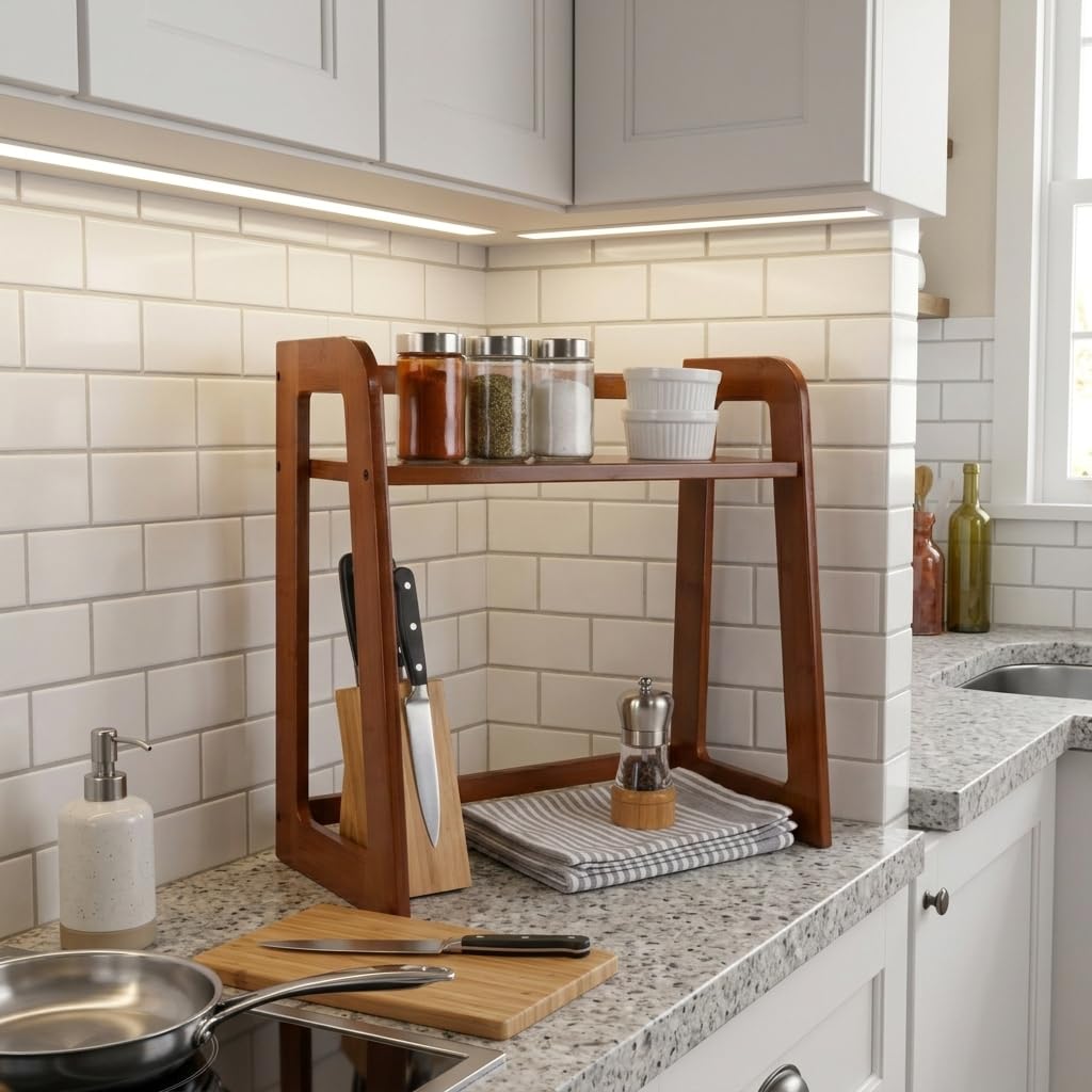 XIKEMADI Natural Bamboo Coffee Station Organizer, 2-Tier Wooden Kitchen Counter Shelf for Bar Accessories, Multi-Functional Countertop Storage Rack for Syrup Bottles & Coffee Essentials (Dark Brown)