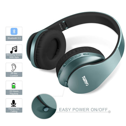 TUINYO Wireless Headphones Over Ear, Bluetooth Headphones with Microphone, Foldable Stereo Wireless Headset- Silver Blue