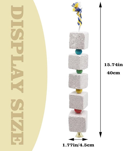2 Pack Mineral Block Chew Toys with Colorful Beads and a Bell, Bird Beak Grinding Stone, Cage Accessories for African Grey, Budgies, Cockatiels, Small to Medium Birds