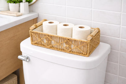 SDFUMAO Handwoven Jute Rope Storage Basket with Paulownia Wood Handles, Rectangular Decorative Organizer Bin with Removable Fabric Liner for Shelves, Countertops & Home Organization