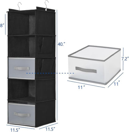 5-Layer Suspended Fabric Shelf Organizer, Equipped with 2 Sturdy Hooks, 2 Separate Drawers, and Foldable Hanging Storage (Black)