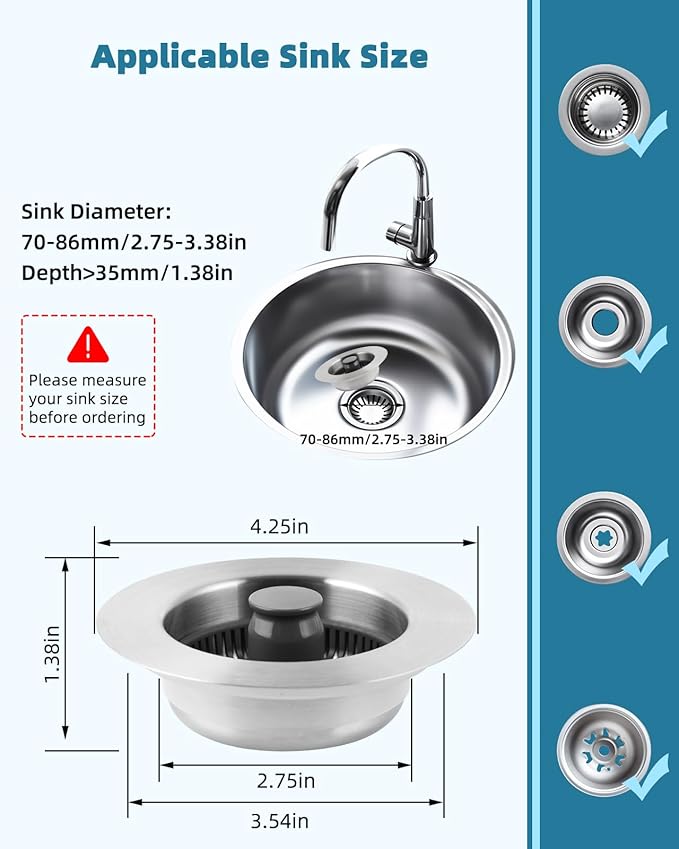 Hygie Rinse Universal Kitchen Sink Stopper Strainer 2PCS 3-in-1#304 Stainless