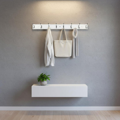 lomejii Wooden Wall Mounted Coat Rack – 31 Inch, White with 8 Silver Hooks for Entryway, Hallway, Bedroom