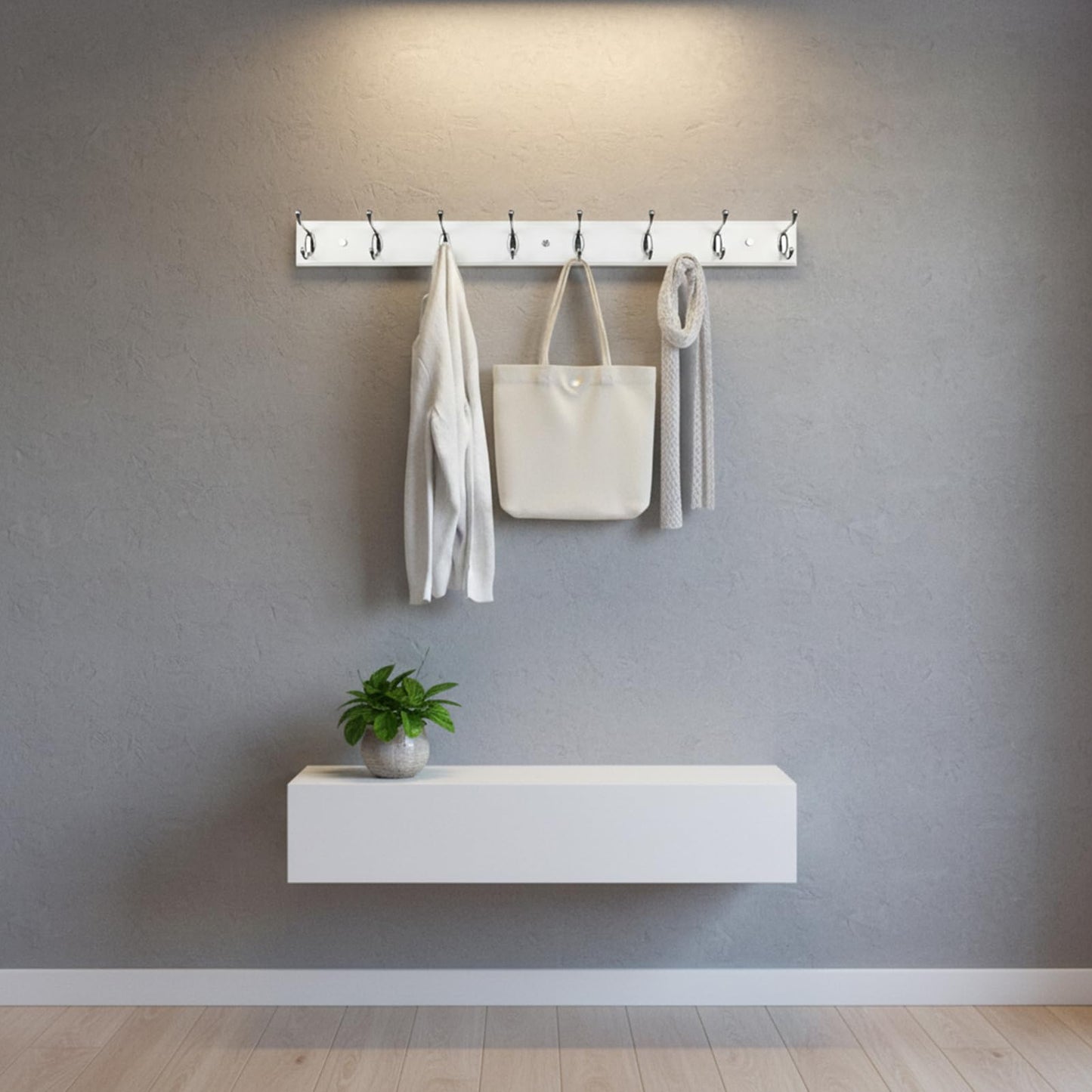 lomejii Wooden Wall Mounted Coat Rack – 31 Inch, White with 8 Silver Hooks for Entryway, Hallway, Bedroom