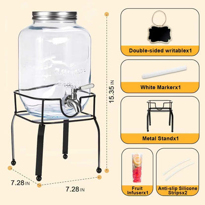 RuileMei 1 Gallon Glass Drink Dispensers For Parties,Beverage Dispenser with Stand,304 Stainless Steel Spigot Leakproof,Lemonade Dispenser for Sun Tea, Homemade Juice