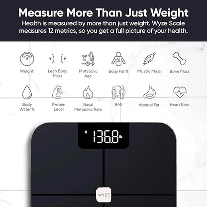Wyze Scale, Smart Scale for Body Weight, Digital Bathroom Scale for Body Fat, BMI, and Heart Rate, Body Composition Analyzer with App, Batteries Included, Bluetooth, 400 lb (Black)