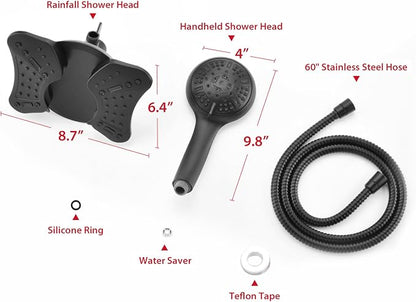GRICH 2.5GPM Shower Head with Handheld Spray Combo: 2 in 1 Rainfall Shower Heads high pressure & Handheld Shower Head, 9 Spray Modes/Settings Detachable Shower Head with 60 Inch Hose, Black