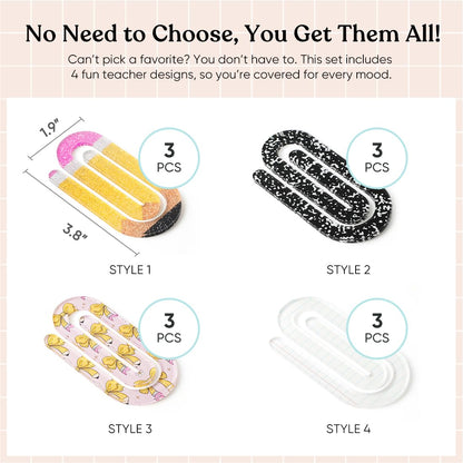 YOPPIX 12 Pcs Jumbo Teacher Acrylic Paper Clips Teacher Appreciation Cute Penci Paperclip Design for Office Classroom Bookmark Gift Book Lovers, Back to School Supplies