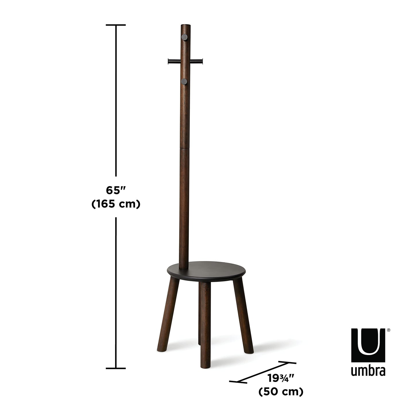Umbra Pillar Coat Rack, Stool, Clothing Organizer, Umbrella Holder and Hat Organizer, Great for Entryway, Black/Walnut
