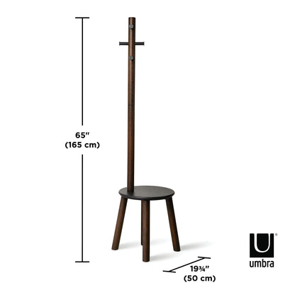 Umbra Pillar Coat Rack, Stool, Clothing Organizer, Umbrella Holder and Hat Organizer, Great for Entryway, Black/Walnut