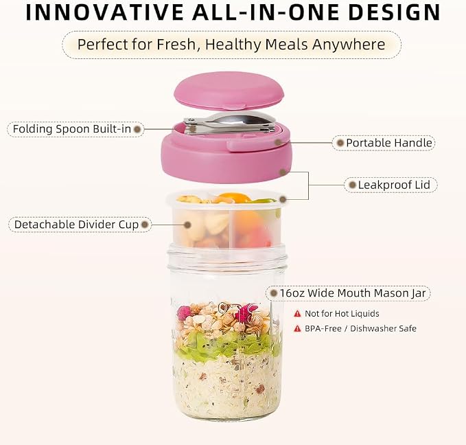 UWILLION Overnight Oats Containers with Handles, 16 oz Glass Mason Jars with Lids, Folding Spoons & Topping Compartments, Yogurt Parfait Cups for Meal Prep, Chia Pudding, Breakfast to Go, 2 Pack