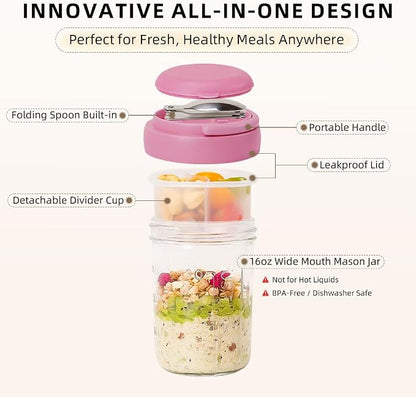 UWILLION Overnight Oats Containers with Handles, 16 oz Glass Mason Jars with Lids, Folding Spoons & Topping Compartments, Yogurt Parfait Cups for Meal Prep, Chia Pudding, Breakfast to Go, 2 Pack